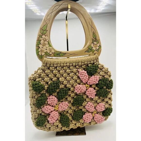 1970s Inspired Handmade Macrame Crochet Handbag With Floral Wooden Handle - Picture 1 of 10